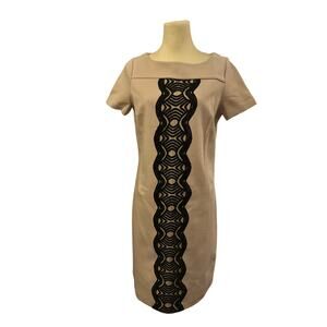 Boden Sheath Dress Beige With Black Lace Detail, Women's Size 8